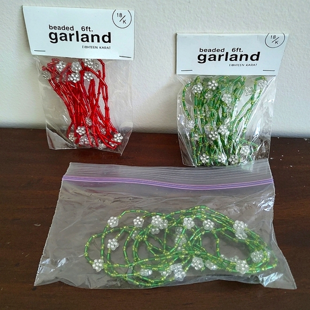 Christmas Beaded Garland Strands Set Of 3 Red Green Holiday Decor Gifts 6ft Each